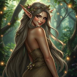 A beautiful, alluring elf with impressive curves and a beguiling smile