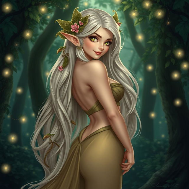 A beautiful, alluring elf with impressive curves and a beguiling smile