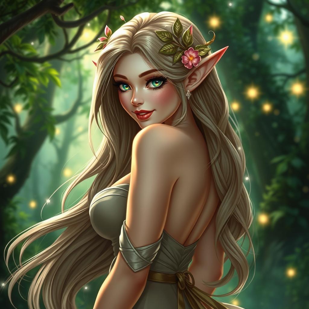 A beautiful, alluring elf with impressive curves and a beguiling smile