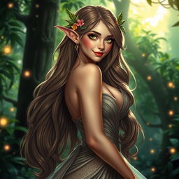 A beautiful, alluring elf with impressive curves and a beguiling smile