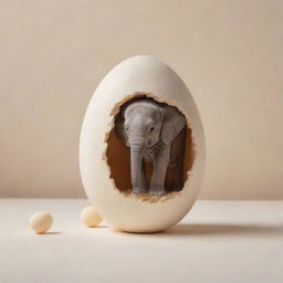 A surreal scene of a hatching egg, with a tiny, adorably proportioned baby elephant emerging from it against a light background