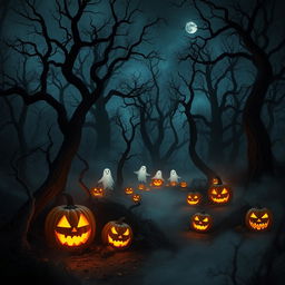 An atmospheric and frightening forest scene filled with looming, twisted trees that stretch into a starless night sky
