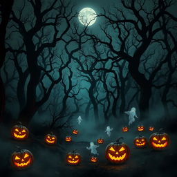 An atmospheric and frightening forest scene filled with looming, twisted trees that stretch into a starless night sky