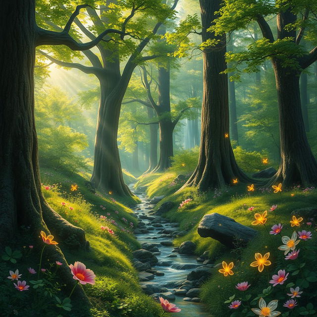 An enchanting forest filled with mystical elements, vibrant green foliage, and softly glowing flowers