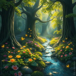 An enchanting forest filled with mystical elements, vibrant green foliage, and softly glowing flowers