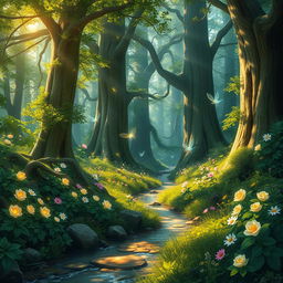 An enchanting forest filled with mystical elements, vibrant green foliage, and softly glowing flowers