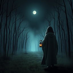 A dark and misty forest, completely barren of grass and filled with skeletal dead trees