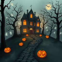 An atmospheric Halloween-themed scene featuring a haunted house looming on a foggy hill