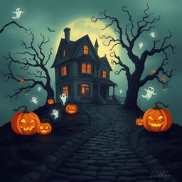An atmospheric Halloween-themed scene featuring a haunted house looming on a foggy hill