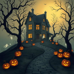 An atmospheric Halloween-themed scene featuring a haunted house looming on a foggy hill