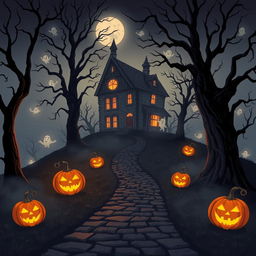 An atmospheric Halloween-themed scene featuring a haunted house looming on a foggy hill