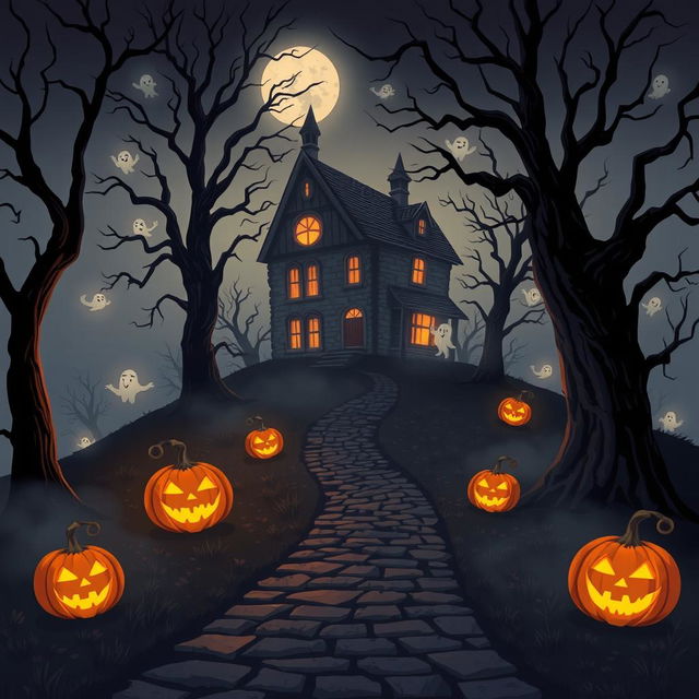 An atmospheric Halloween-themed scene featuring a haunted house looming on a foggy hill