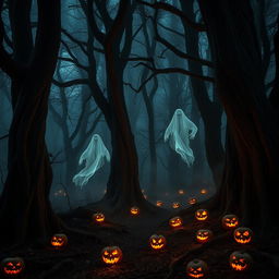 An ominous and haunting forest enveloped in darkness, where towering trees twist and tangle together, their bark rough and aged