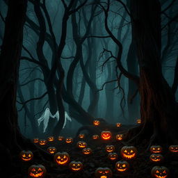 An ominous and haunting forest enveloped in darkness, where towering trees twist and tangle together, their bark rough and aged