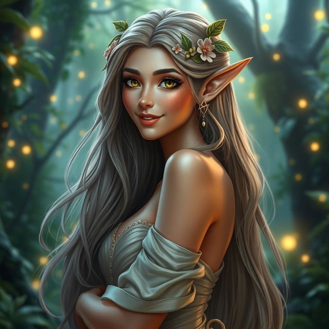 A beautiful, alluring female elf with impressive curves and a captivating smile