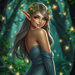 A beautiful, alluring female elf with impressive curves and a captivating smile