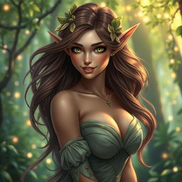 A beautiful, alluring female elf with impressive curves and a captivating smile