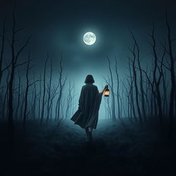 A dark and misty forest, completely barren with no grass, filled with ominous dead trees under a night sky that has no stars