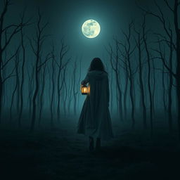 A dark and misty forest, completely barren with no grass, filled with ominous dead trees under a night sky that has no stars