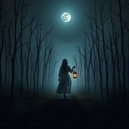 A dark and misty forest, completely barren with no grass, filled with ominous dead trees under a night sky that has no stars