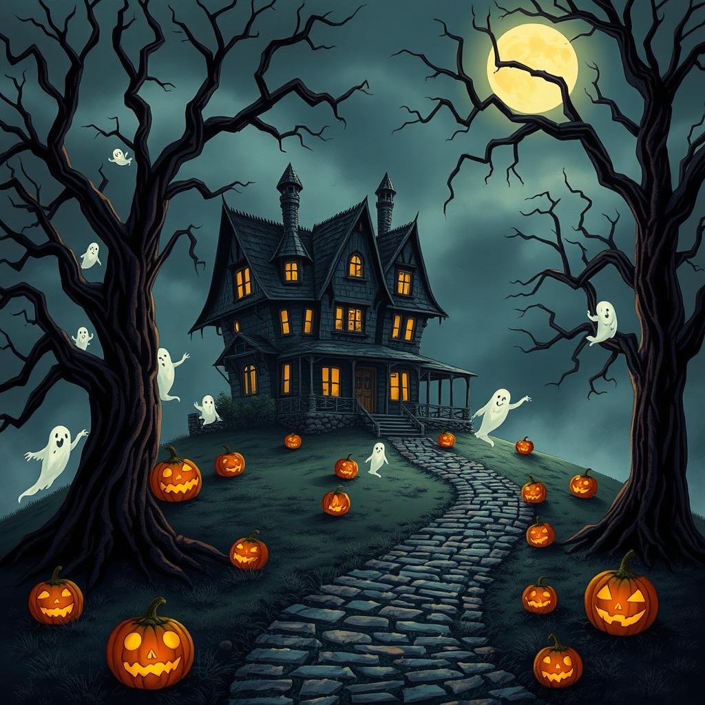 A captivating Halloween scene featuring a haunted house set on a misty hill under a glowing full moon