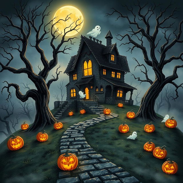 A captivating Halloween scene featuring a haunted house set on a misty hill under a glowing full moon