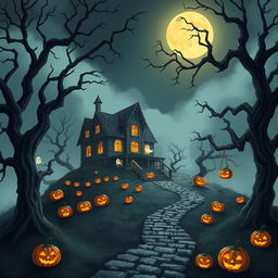 A captivating Halloween scene featuring a haunted house set on a misty hill under a glowing full moon