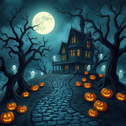 A captivating Halloween scene featuring a haunted house set on a misty hill under a glowing full moon
