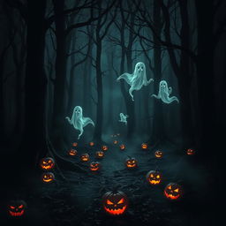 A spine-chilling forest scene enveloped in darkness, characterized by towering, gnarled trees that loom forebodingly
