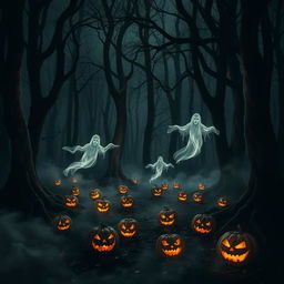 A spine-chilling forest scene enveloped in darkness, characterized by towering, gnarled trees that loom forebodingly