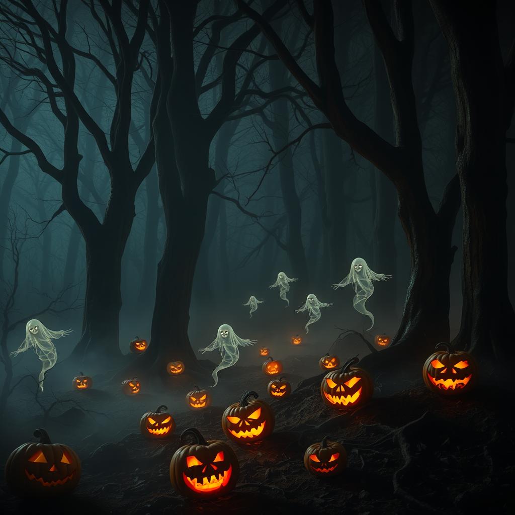 A spine-chilling forest scene enveloped in darkness, characterized by towering, gnarled trees that loom forebodingly