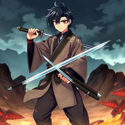 A teenage male character with jet black hair, styled in a modern, layered cut, wearing a detailed Demon Slayer outfit