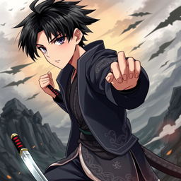 A teenage male character with jet black hair, styled in a modern, layered cut, wearing a detailed Demon Slayer outfit