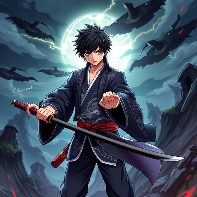 A teenage male character with jet black hair, styled in a modern, layered cut, wearing a detailed Demon Slayer outfit