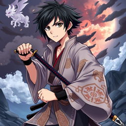 A teenage male character with jet black hair, styled in a modern, layered cut, wearing a detailed Demon Slayer outfit