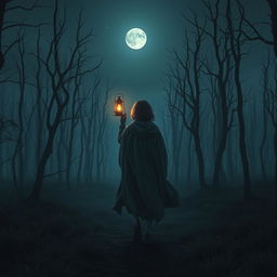 A dark and misty forest, completely barren without grass and filled with gnarled dead trees, creating a haunting atmosphere