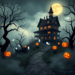 A picturesque Halloween-themed scene featuring a prominent haunted house atop a hill, shrouded in a thick layer of fog under a luminous full moon