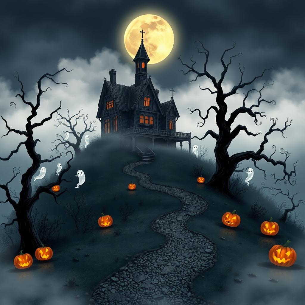 A picturesque Halloween-themed scene featuring a prominent haunted house atop a hill, shrouded in a thick layer of fog under a luminous full moon