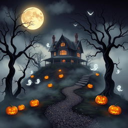 A picturesque Halloween-themed scene featuring a prominent haunted house atop a hill, shrouded in a thick layer of fog under a luminous full moon