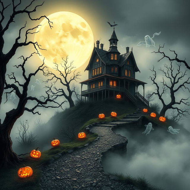 A picturesque Halloween-themed scene featuring a prominent haunted house atop a hill, shrouded in a thick layer of fog under a luminous full moon