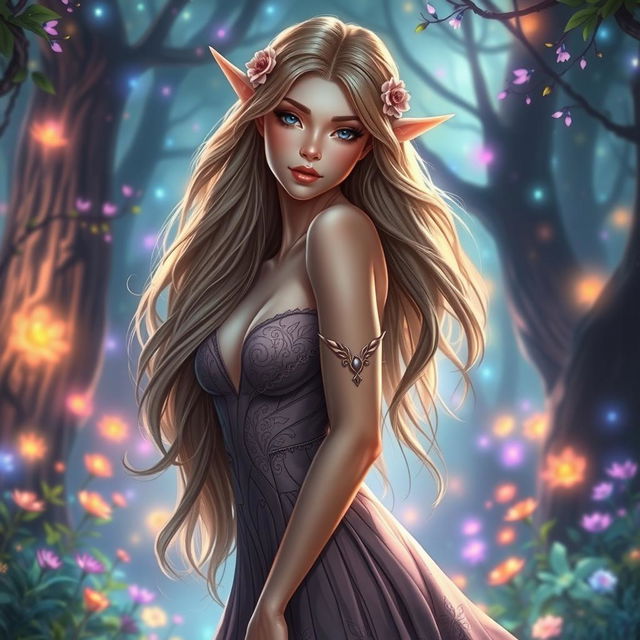 A stunningly beautiful female elf with large, graceful curves