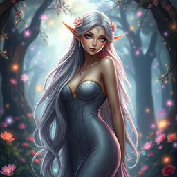 A stunningly beautiful female elf with large, graceful curves