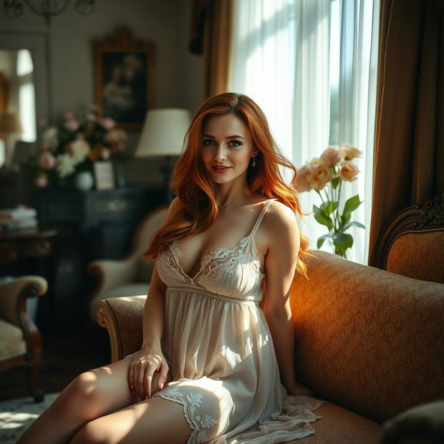 A sensual scene of a beautiful woman with flowing red hair lounging in a sunlit, elegantly decorated room, with soft curtains casting gentle shadows