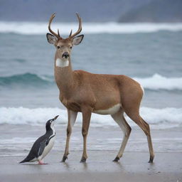 A deer with the legs of a penguin, combining the majestic grace of the deer with the unique sea-faring abilities of a penguin