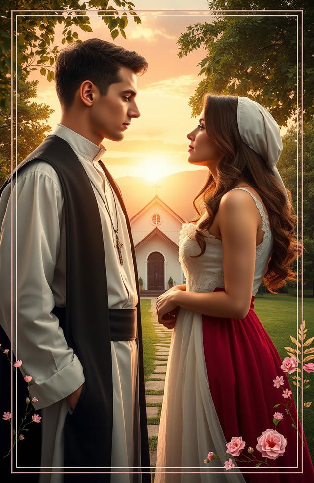 A romantic novel cover depicting a beautiful, serene scene of a young man in a priest's attire, torn between his sacred vows and his feelings for his adopted sister