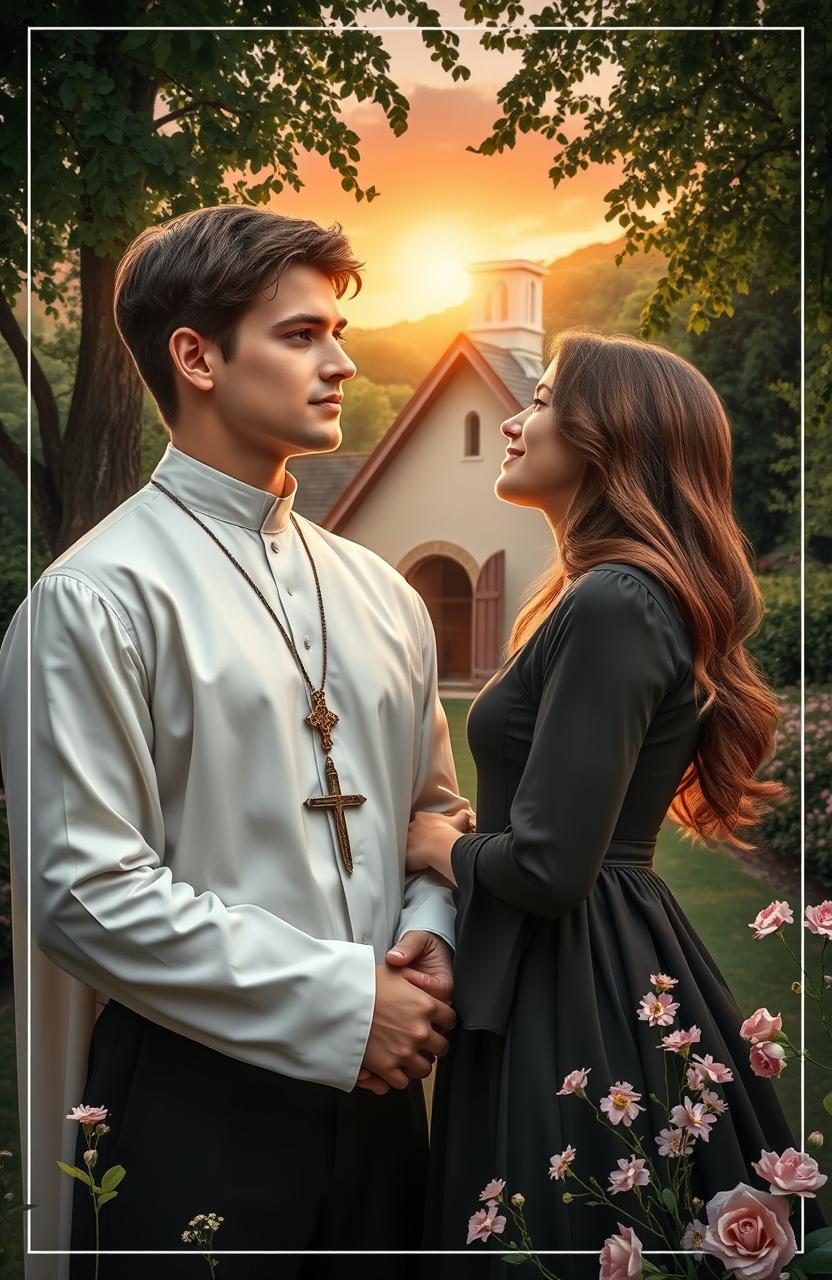 A romantic novel cover depicting a beautiful, serene scene of a young man in a priest's attire, torn between his sacred vows and his feelings for his adopted sister