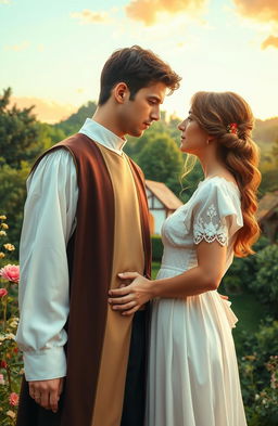 A romantic novel cover depicting a beautiful, serene scene of a young man in a priest's attire, torn between his sacred vows and his feelings for his adopted sister