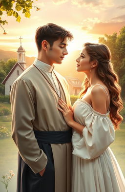 A romantic novel cover depicting a beautiful, serene scene of a young man in a priest's attire, torn between his sacred vows and his feelings for his adopted sister