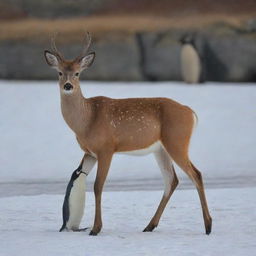 A deer with the legs of a penguin, combining the majestic grace of the deer with the unique sea-faring abilities of a penguin