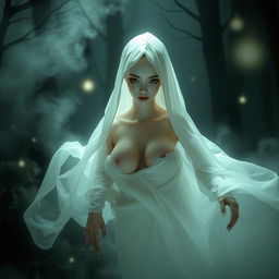 A beautiful, captivating pocong (an Indonesian ghost) with striking features and large breasts, elegantly floating in a mystical and eerie environment